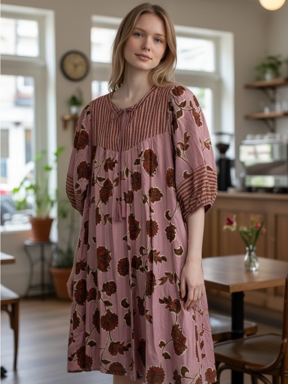Know Rose pretty Pink Floral Boho Midi Dress with Smocked Yoke